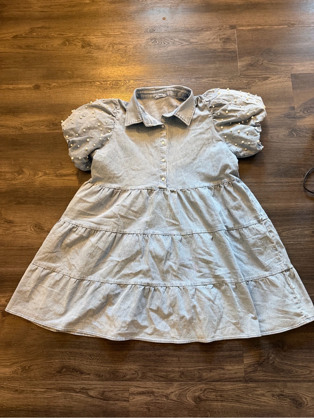 Chic Soul Light Blue Tiered Dress with Pearl Puff Sleeves